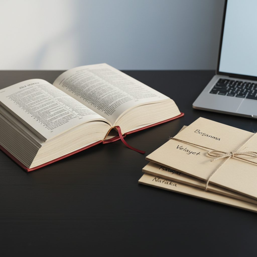 An open, thick civil code book in Turkish lying flat on a matte black desk, its thin, slightly yellowed pages spread to a bookmarked section on aile hukuku. Beside it, a neatly arranged bundle of labeled case files—“Boşanma”, “Velayet”, “Nafaka”—is tied with a simple twine, and a modern, slim silver laptop is partially visible at the frame’s edge. Soft, indirect daylight from the left creates a diffused glow across the text, with fine shadows between pages. The mood is calm, studious, and methodical. Photographic realism, shot from a slightly elevated angle using the rule of thirds, with the open code book in sharp focus and the laptop subtly blurred to suggest research-driven, contemporary legal practice.