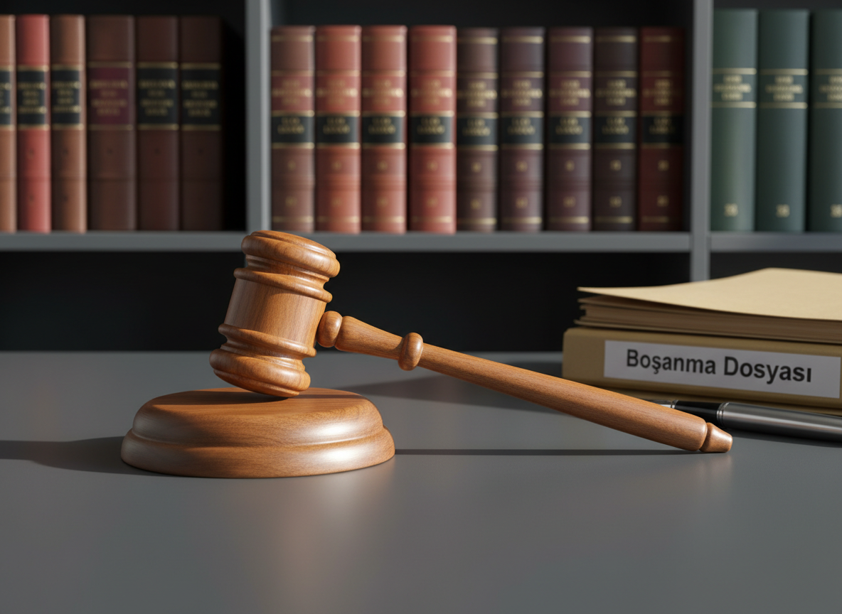 A polished wooden judge’s gavel resting diagonally on a dark walnut sound block atop a sleek, charcoal-gray legal desk. Behind it, a row of well‑worn, leather‑bound law books with gold-embossed titles on Turkish civil and criminal law lines a built-in bookshelf, softly out of focus. Cool daylight from a nearby window grazes the gavel, creating crisp highlights on the smooth wood grain and gentle shadows on the desk surface. A silver fountain pen and a neatly stacked folder marked “Boşanma Dosyası” sit near the edge. Photographic realism, eye-level composition with shallow depth of field, conveying professionalism, trust, and meticulous legal expertise for a law blog homepage.